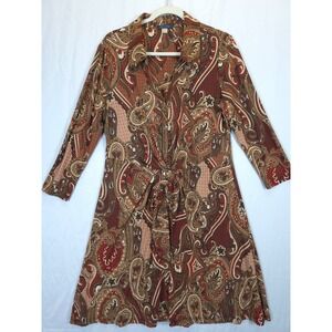 Tommy Hilfiger Paisley Shirt Dress Women 14 Brown Red Tie Waist Button Midi